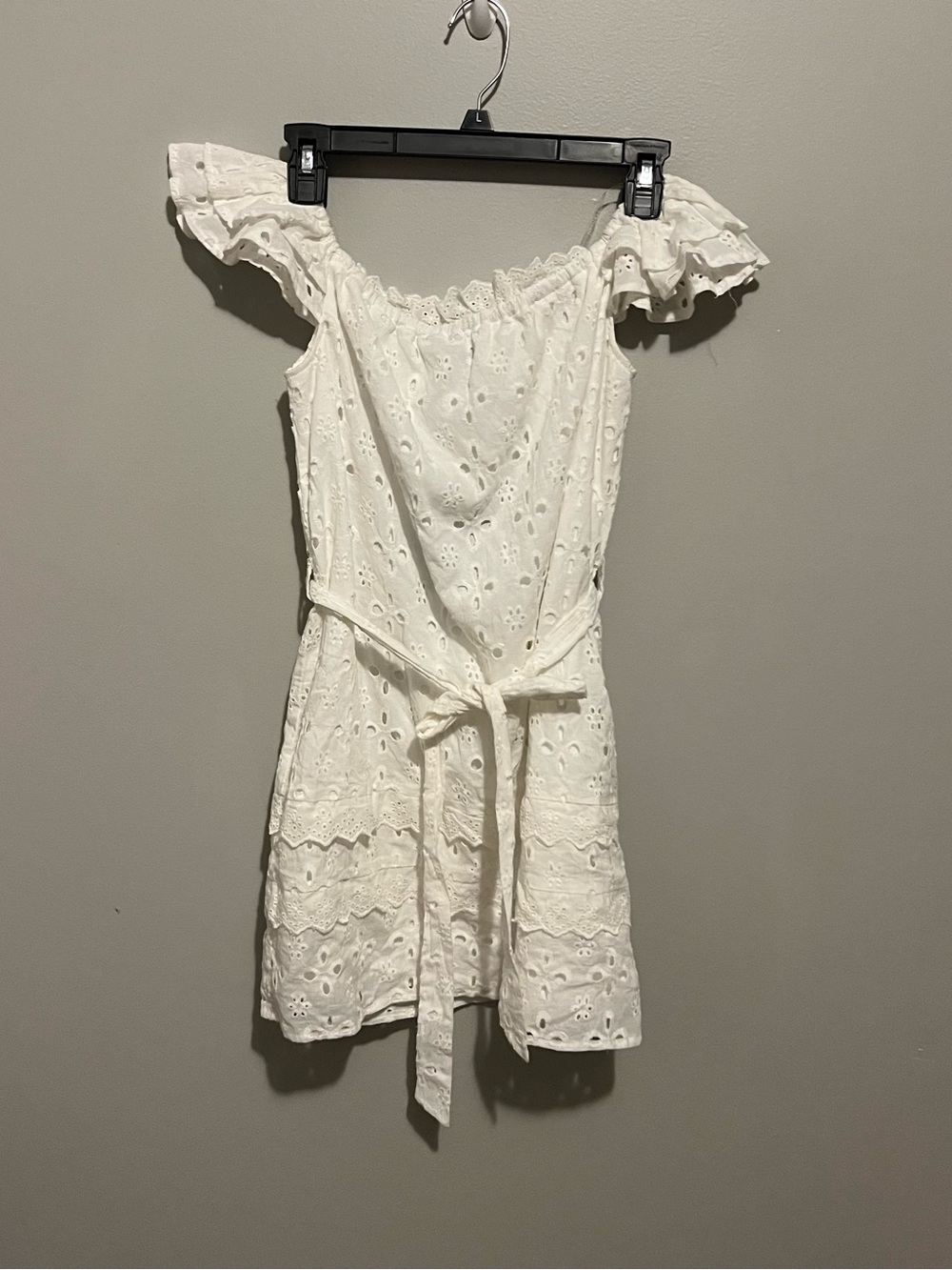 Parisian Works Cream Eyelet Off-Shoulder Mini Dress with Tie